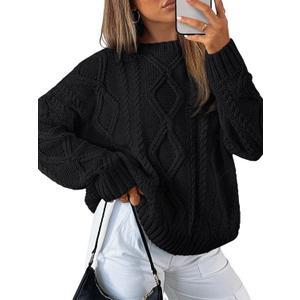 Trendy Queen Women's Oversized Cable Knit Crewneck Sweaters (Medium, Black)