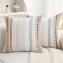 Boho Pillow Covers 18x18 Set of 2 for Couch-Modern Farmhouse Sofa Decorative Throw Pillow Covers Textured Chenille Cushion Covers Outdoor Netural Bohemian Pillow Cases Square (Orange-blue Stripe)