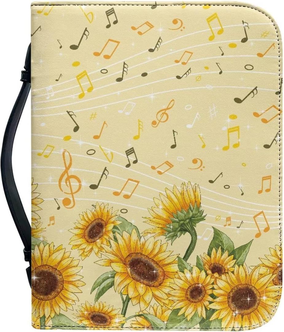 Suobstales Sunflower Music Note Bible Covers PU Leather Durble Bible Case for Women Men Bible Bag Tote Book Carrying Case Christian Bible Accessories with Handle, Yellow, M