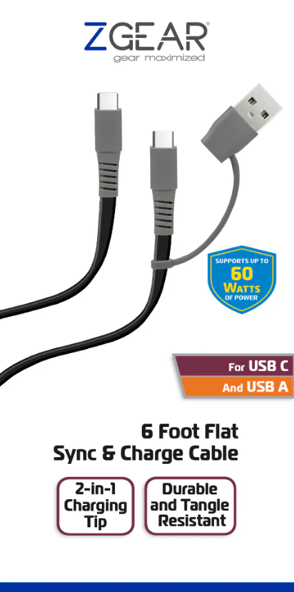 ZGear 6' Extended Length Black Sync & Charge Cable for USB C and USB A, Black/Gray