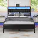 Furnulem Queen Size Bed Frame with Charging Station and LED Lights
Platform Bed with Grey Upholstered Headboard, 2-Tier Storage Shelf, Metal Slats, No Box Spring Needed, Noise-Free, USB+Type-C