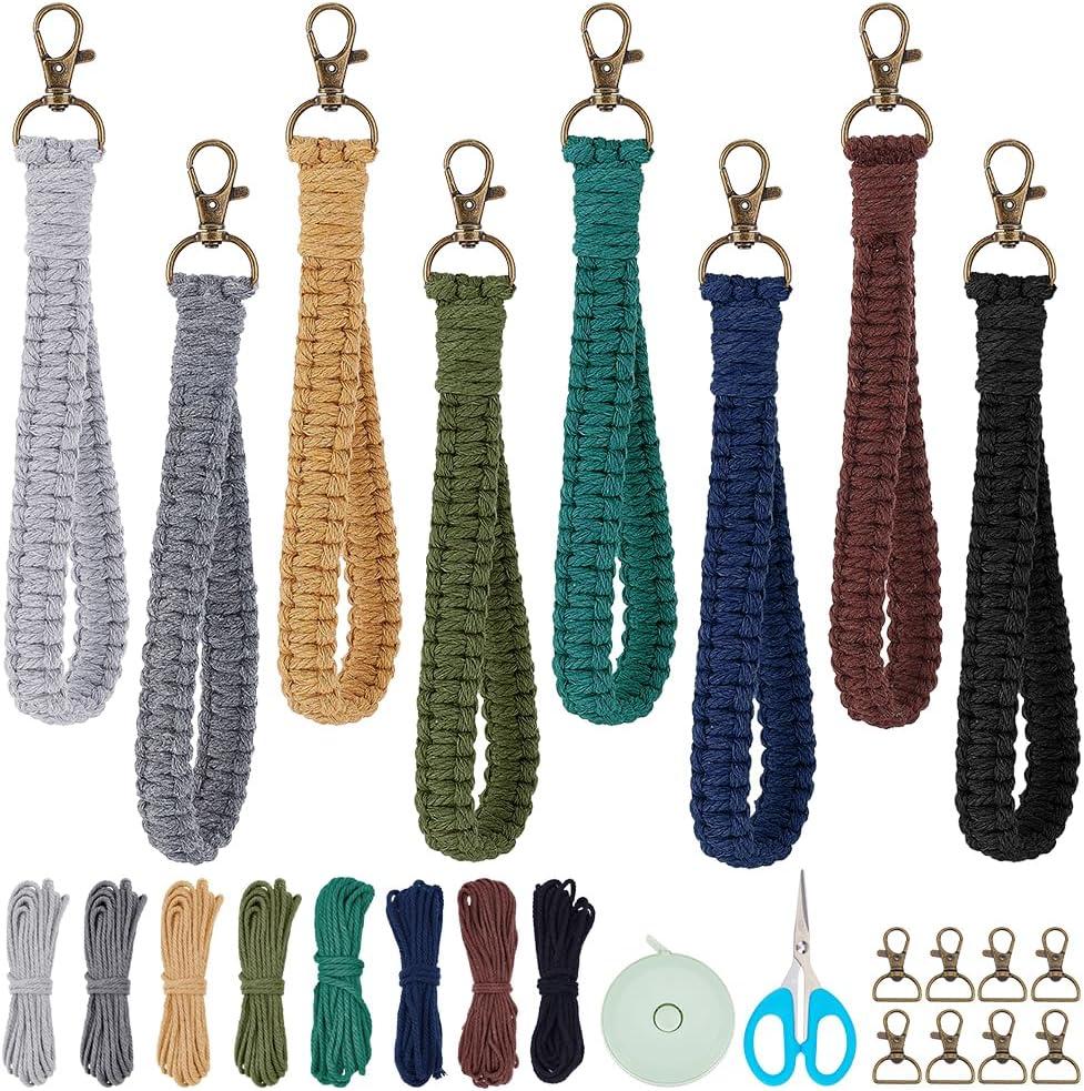 INFUNLY 8 Sets Macrame DIY Wristlet Keychain Kits with Update Instruction Macrame Cord Knotting Kits for Adults Beginners Boho Macrame Keychain Kit Includes Key Rings for Key Gift Macrame Beginners