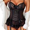 Avidlove Lingerie for Women Lace Bodysuit V Neck Babydoll Lingerie Sleepwear Nightgown (XX-Large, Pure Black)