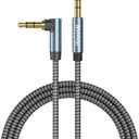 Nanxudyj 15ft 3.5mm Audio Cable, 90 Degree Right Angle Aux Cord, Black-Gray Braided Male to Male TRS Stereo Jack for Car, Headphones, Speakers, Tablets, PC, 24K Gold Plated