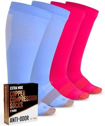 Doctor's Select Copper Plus Size Compression Socks Wide Calf - 2 Pairs | 20-30mmHg Extra Wide Calf Compression Sock Women | Extra Wide Calf Compression Sock for Traveling & Running | Copper Compression Socks Women & Men | Blue & Pink, 4XL