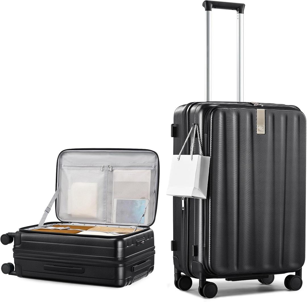Hanke 24 Inch Expandable Luggage Top Opening Checked Bag Luggage Hard Shell Suitcases with Wheels Lightweight Travel Luggage Medium Suitcase with Lock for Woman Men-Jet Black