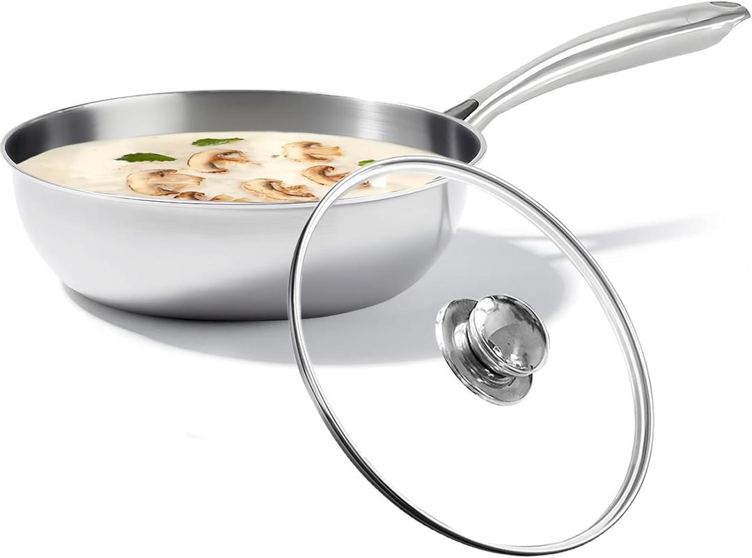 Stainless Steel Saucier Pan with Lid, 1.3 Quart Saucepan with Lid, 8inch Frying Pan, 3-Ply Heavy Bottom Sauce Pan Cookware for All Stovetops,1200Ml/40OZ