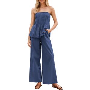 Kikibell Summer Sets Women 2 Piece Outfits Tube Top Wide Leg Pants Casual Beach Vacation Matching Lounge Set (Blue, M)