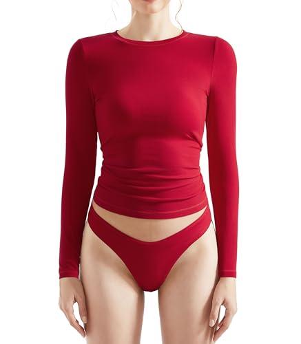 2 Pcs OMKAGI Women Long Sleeve Shirts Cotton Ribbed Fitted Basic Tops Crewneck Y2K Top(XS,Red-252)