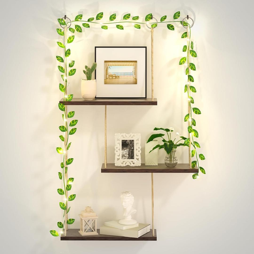 Hanging Shelves for Wall, 3 Tier Boho Wall Decor Hanging Shelf with Vine Lights, Rope Rustic Wood Floating Shelves Floral Plant Decor for Bedroom Living Room Dorm Office Women (Dark Brown)