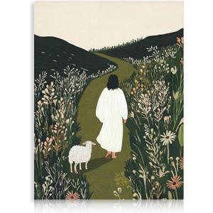 Jesus and Lamb Christian Canvas Wall Art Jesus Leaves the 99 Sheep Painting Picture Wall Decor The Good Shepherd Bible Poster Print Artwork for Living Room Bedroom Church Prayer Room Decorate, Framed