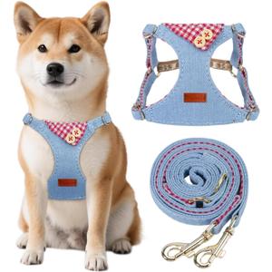 Faleela No-Pull Puppy Harness & Leash Set - 7 Color Options, Soft, Adjustable, Choke-Free, Escape-Proof, Lightweight Cute Pet Vest for Small & Medium Dogs (Blue+Red, M)