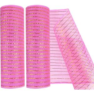 2 Pack Deco Mesh 10 Inch x 30 Feet Decor Mesh Ribbon with Metallic Foil Deco Mesh Wreath Supplies Ribbon Mesh Roll for Spring Wreaths, Craft, Party Decoration (Pink)