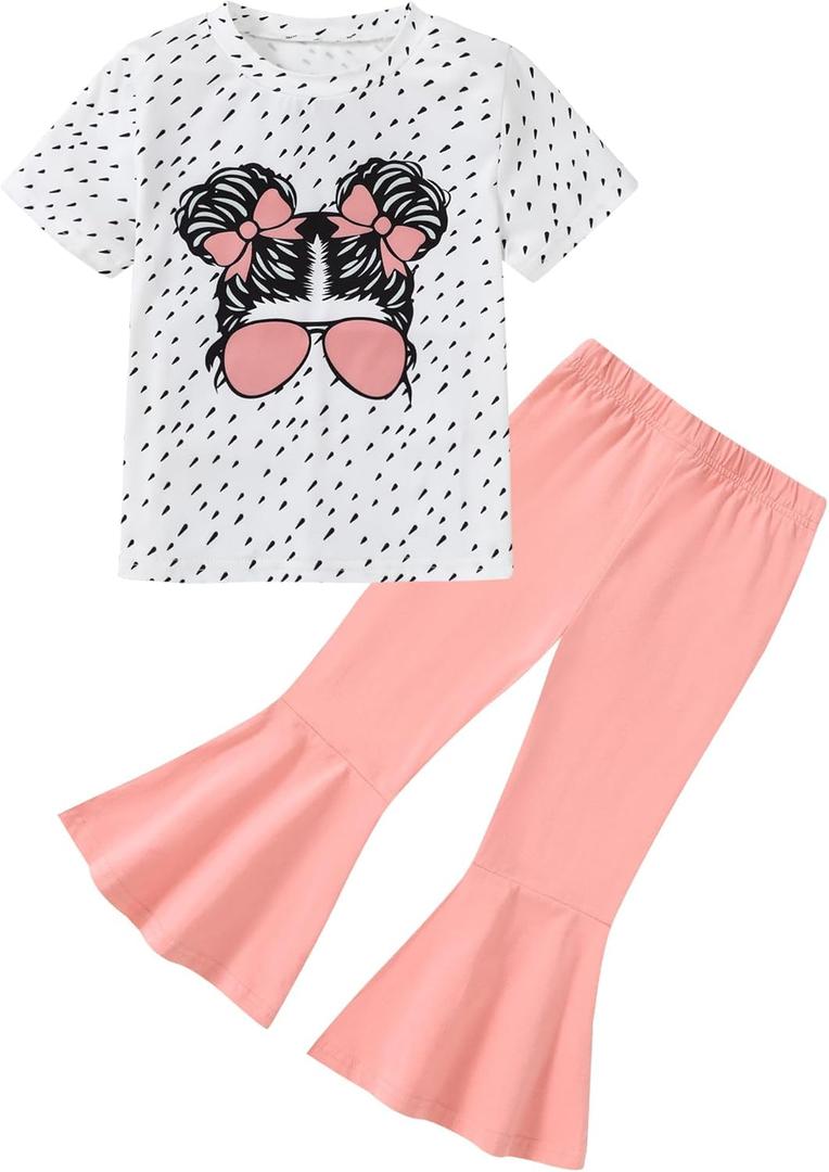 CARETOO Girls Summer Outfit Poster Girl Matching Sister 2pcs Sets Printed t-Shirt + Flare Leg Pants For 3-8 Years