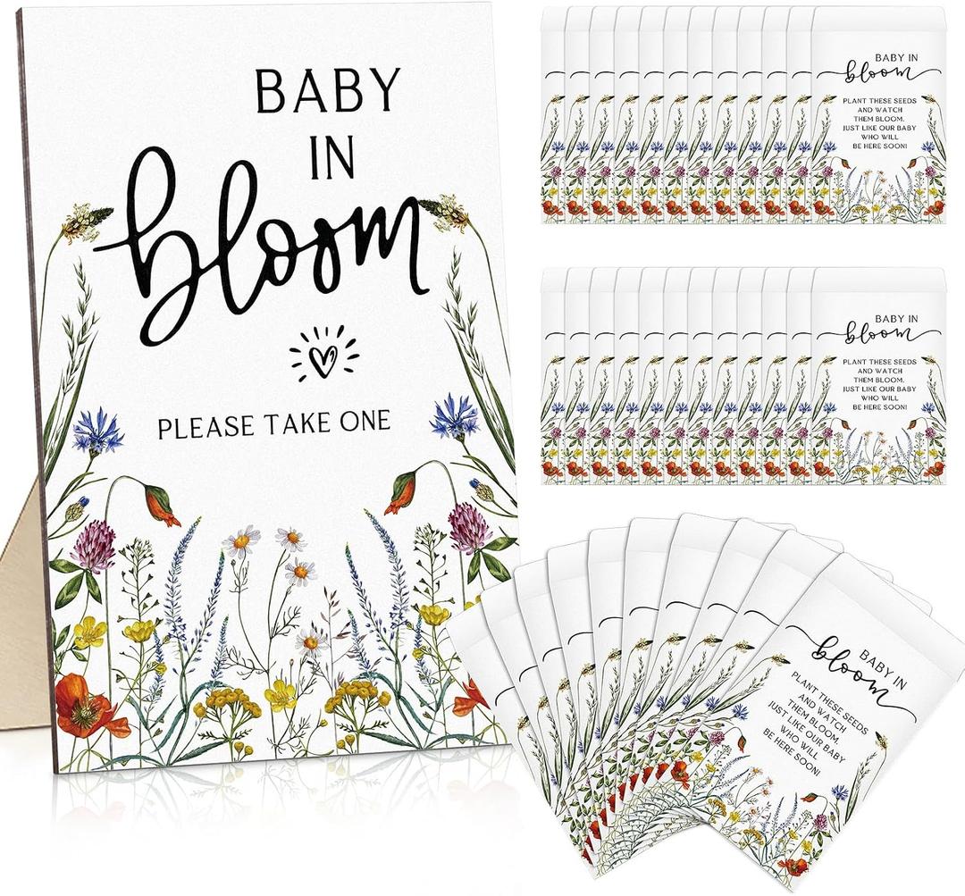 Maitys 100 Pcs Baby Shower Seed Packets Favors for Guests Baby in Bloom Wooden Sign Self Adhesive Envelopes Packet Storage Decor, No Seeds(Wildflowers)