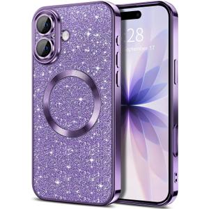 Hython for iPhone 17 Case Glitter Clear Magnetic Phone Cases [Compatible with MagSafe] Full Camera Lens Protector Sparkle Luxury Plating Slim Shockproof Protective Cover Women, Purple