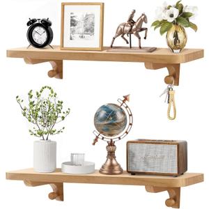 Wooden Floating Shelves for Wall, 22.6" W x 6" D x 0.8" H Large Wall Shelves, Hanging Storage Shelf with Hooks for Living Room, Kitchen, Bathroom, Bedroom Decor, Natural, 2 Packs