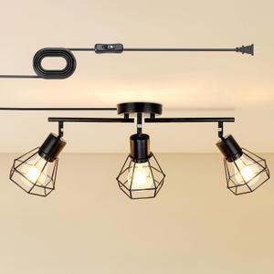 3-Light Plug-in Track Lighting with Rotatable Heads, Plug in Ceiling Light with 16.4ft Power Cord & Switch, LED Spotlight for Kitchen Cabinet Living Room Artwork, E26 Socket (Bulb Not Included)