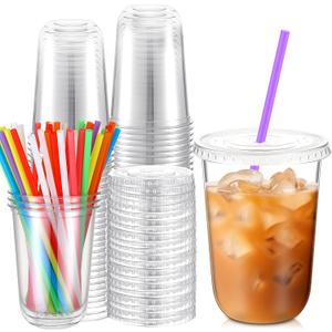 Ziliny 50 Pack 16 oz Plastic Cups with Lids and Straws Clear Disposable Round Bottom Coffee Cups for Iced Coffee, Cold Drinks, Juice, Smoothies, Milkshakes