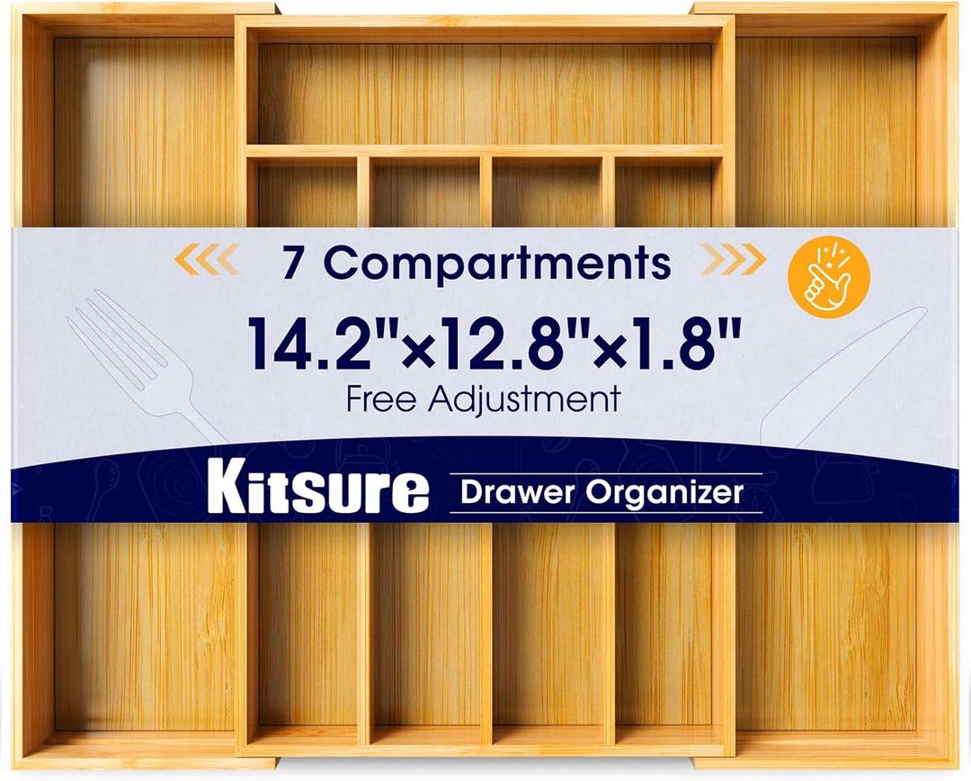 Kitsure Large Bamboo Silverware Organizer - Expandable Drawer Organizer for Utensil, Cutlery and Flatware, Kitchen Storage Solution with 6 to 8 Slots, Natural, 18.7"  12.8"  1.8"