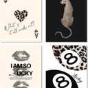 Trendy Leopard Print Lucky Girl 8 Ball Lips Cheetah Ace of Hearts Playing Card Wall Art Prints Set of 4, Funky Y2K Aesthetic Leopard Poster Wall Decor for Girls Room Dorm Apartment, 8x10 Unframed