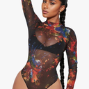 Women's Printed Mesh Long Sleeve Bodysuit, Sexy One Piece with Mock Neck Snap Crotch Leotard Top XL