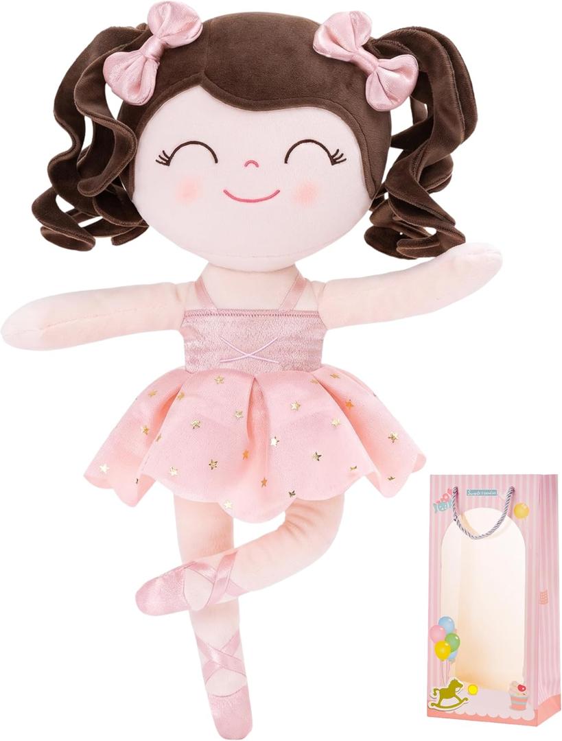 Gloveleya Baby Dolls Soft Snuggly Curly Hair Ballerina Doll First Baby Girl Gifts Plush Ballet Doll with Lace Mesh Dress Pink Ballerina Series