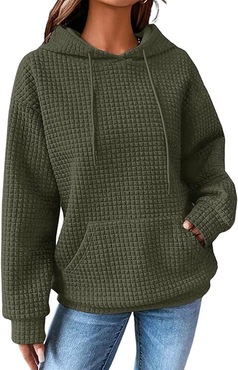 SHEWIN Womens Hoodies Casual Long Sleeve Drawstring Waffle Hoodie Pullover Sweatshirts Loose Hooded Sweatshirt for Women Trendy Fall Tops, US 4-6(S), Green