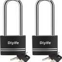 Padlock with Key, [2 Pack] [Waterproof] Lock with Key, Long Shackle Padlocks for Outdoor Anti-Rust, Small Covered Aluminum Padlock with 4 Alike Keys for Gym Locker, Fence, Shed (Black)