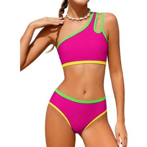Redair Girls Swimsuit Two Piece One Shoulder Bathing Suit with Chest Pad Color Block Bikini 15-16 Years (Hot Pink)