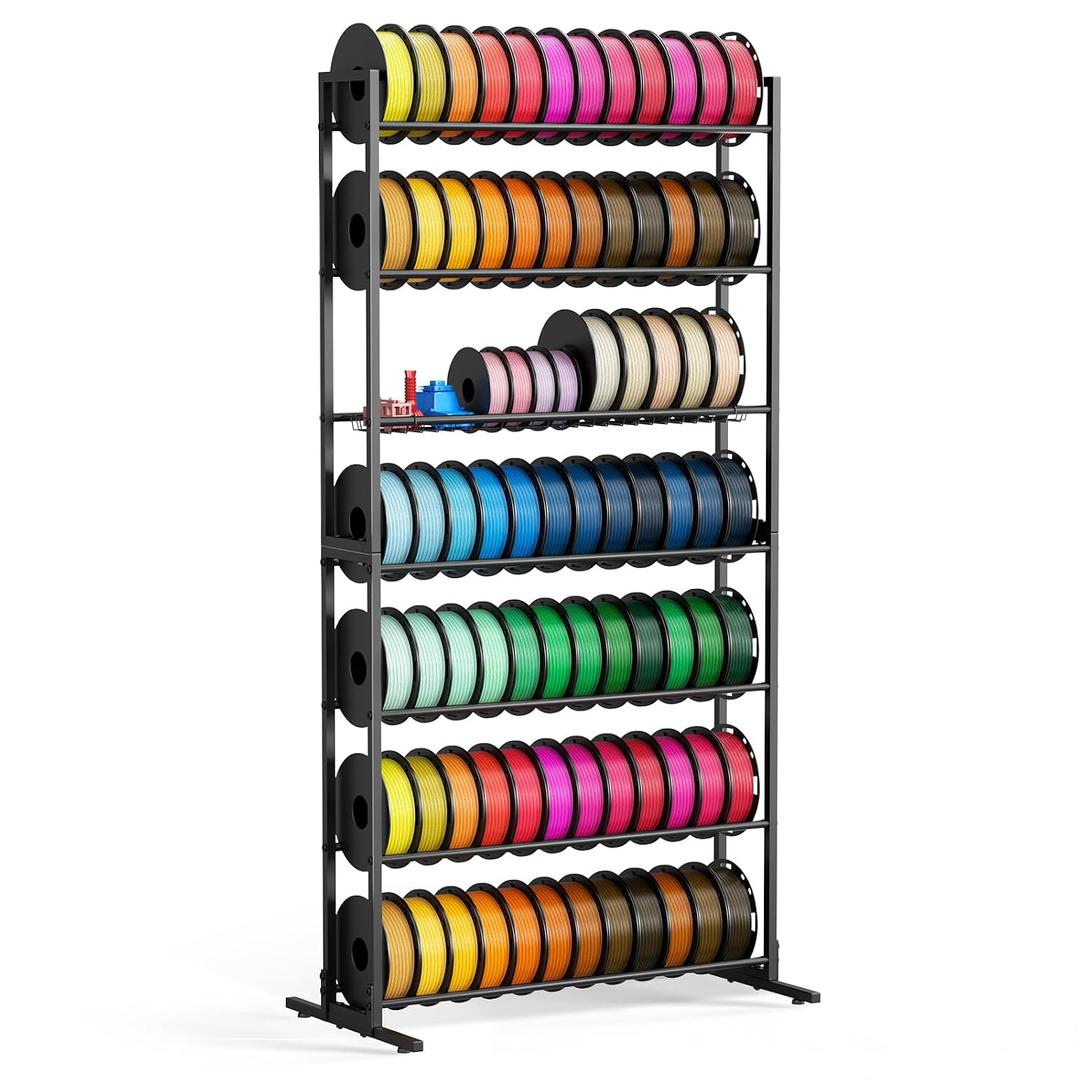 3D Printer Filament Storage Rack with Removable Basket, 7-Tier Heavy Duty Metal Spool Organizer Holds 84 Spools, Large Capacity Shelf for 3D Printing Station, Workshop, Office & Studio