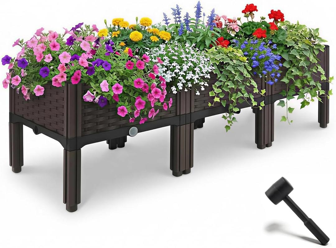 XHIKOWAT 3Pcs Plastic Raised Garden Bed, 46.8"×15.6"×14.4" Elevated Wicker Planter Box with Self-Watering System, Plants Garden Boxes with Legs for Growing Fresh Vegetables, Fruit, Flowers and Herbs
