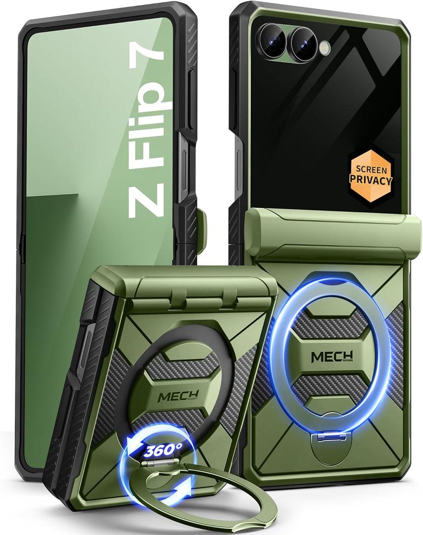 TONGATE 360 Spin Magnetic Stand for Z Flip 7 Case with Privacy Screen Protector, [Compatible with Magsafe] [Anti Spy] Full-Body Shockproof Samsung Galaxy Z Flip 7 Case with Hinge Protection, Green