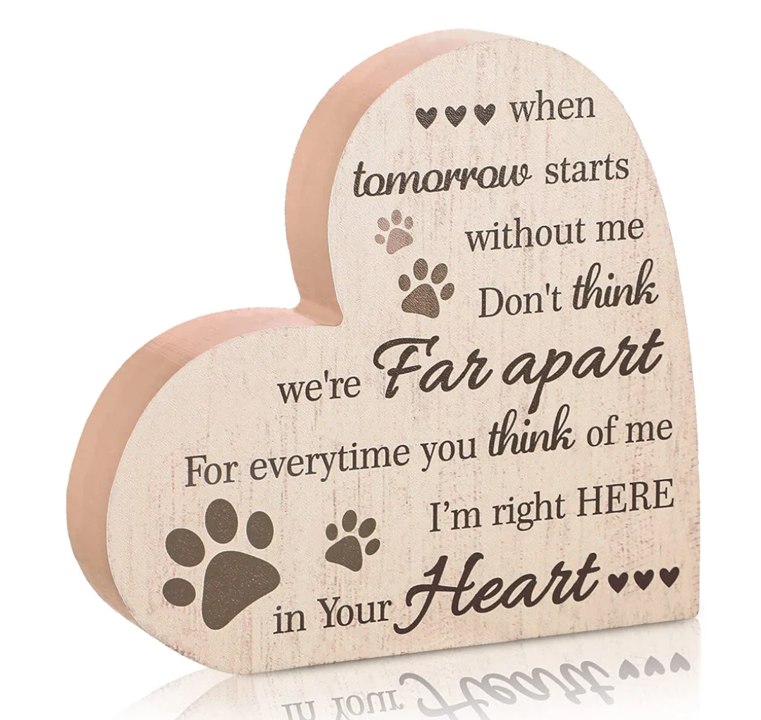 Maitys Pet Memorial Gifts Bereavement Remembrance Gifts for Loss of Dog Cat Sympathy Condolence Gifts Heart Shaped Wood Sign When Tomorrow Starts Without Me Wooden Plaque for Table Desk Decor (Khak