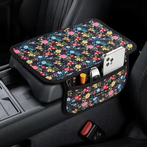 Car Center Console Cover, Universal Car Armrest Cover Cushion with 2 Storage Bags, Stylish Scratch Resistant Protective Car Armrest Pad for Most Vehicles (Garden in Black)