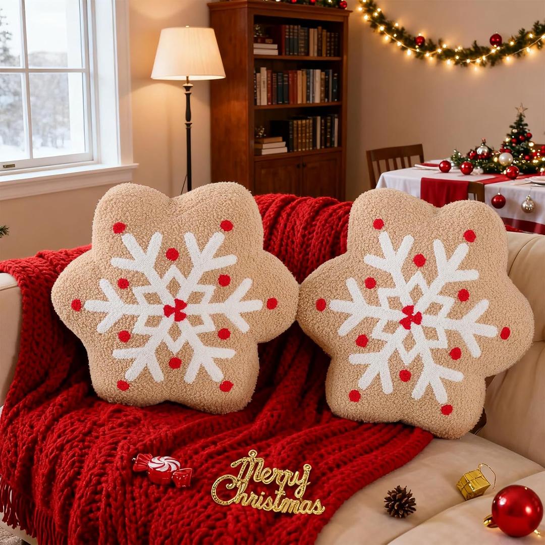 Lanpn Christmas Gingerbread Snowflake Pillows Set of 2, Christmas Decoration Winter Throw Pillows Soft 3D Shaped Ginger Bread Snow Flake Throw Cushion for Sofa Bedroom Xmas Decor (15x15 inch)