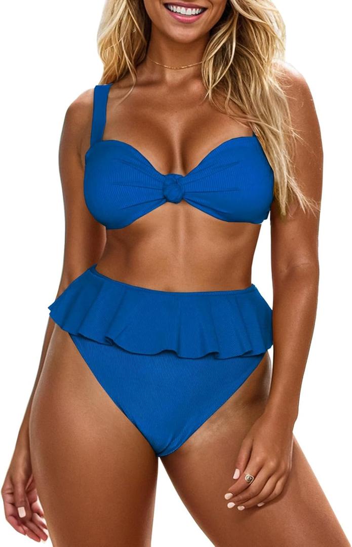 Saodimallsu Womens 2 Piece High Waisted Swimsuit Ruffle Bikini Sets Twist Knot Ribbed Bathing Suits (Small, Blue)