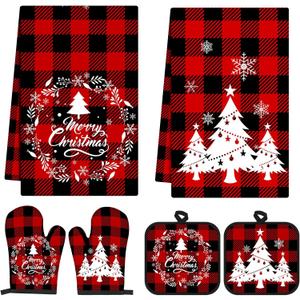 Jingmore 6 Pcs Christmas Kitchen Decor Set Kitchen Towels Oven Mitts and Pot Holders Xmas Tree Dish Towels Oven Mitts and Pot Holders for Baking Home(Tree Buffalo Check)