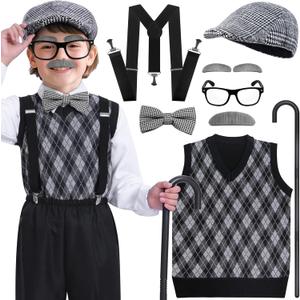 Kids 100 Days of School Dress Up Costume for Boys, Old Man Costume for Kids 5 6 7 8, Old Person Costume for Kid, 9 PCS Grandpa Dress Up Accessories with Hat, Glasses, Mustache, Cane