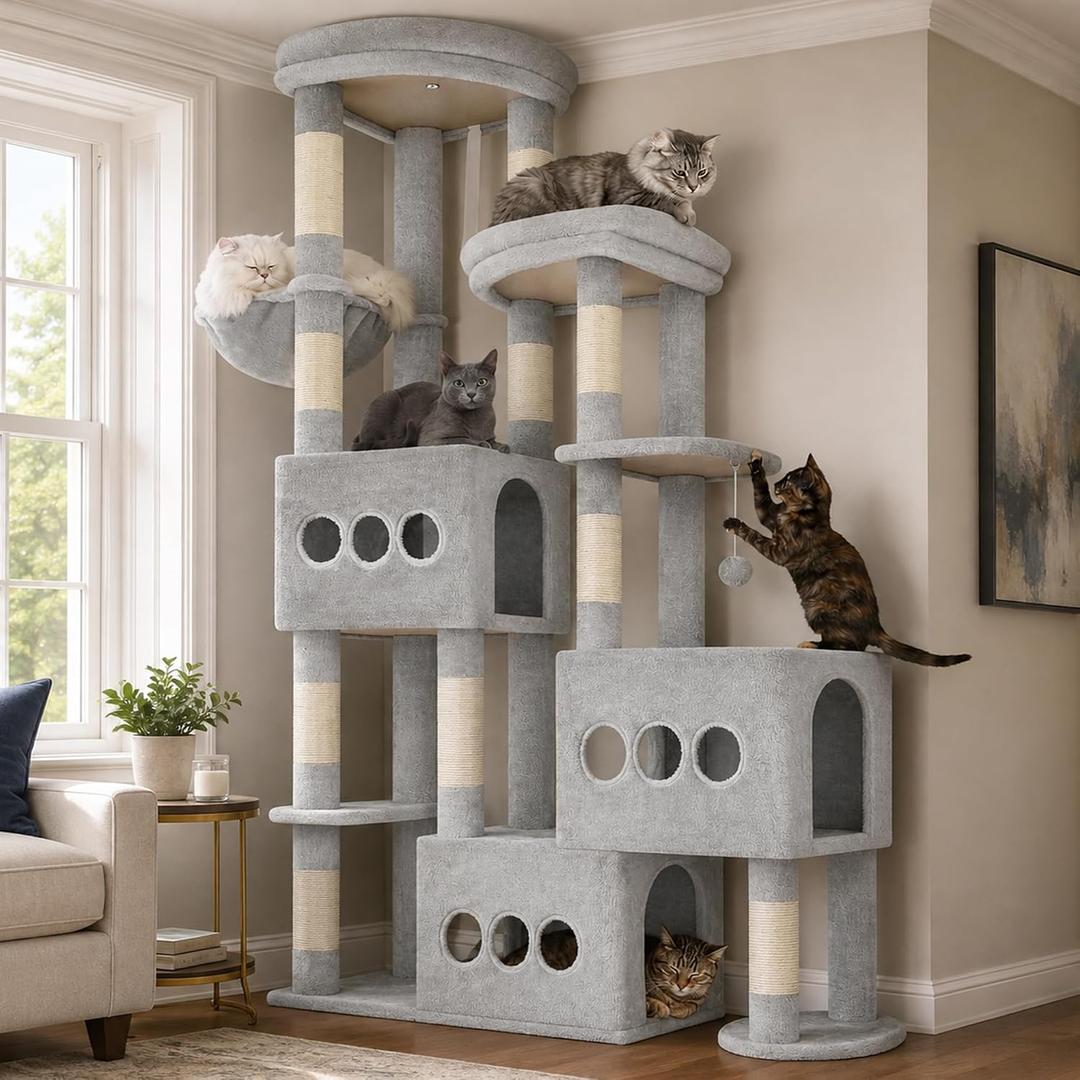 Gitelsnour Sturdy Cat Tree Tower, 3 XXL Condos for Large Adult Cats GCT036W
71.7'' Heavy Duty Cat Tower with Sturdy Base, 10 Scratching Posts & 3 Platforms for 20 lbs+ indoor Cats, Light Gray