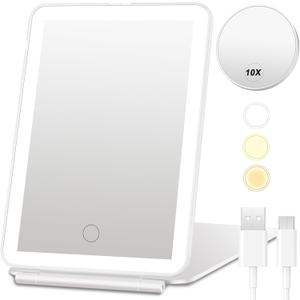 Rechargeable LED Lighted Makeup Mirror with 10X Magnification, Touch Screen Dimming, 3 Color Lighting Modes, and Foldable Stand - Perfect for Travel, Home, and Professional Use
