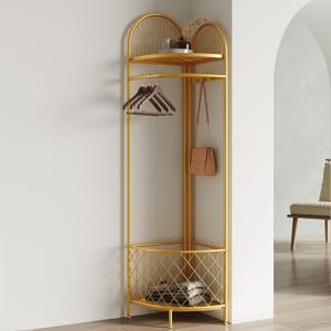 Corner Coat Rack, Corner Hall Tree, Metal Clothes Rack, Gold Clothing Rack With Storage Basket and Hooks for Bedroom, Living Room, Entryway Corner Storage Rack for Clothes.