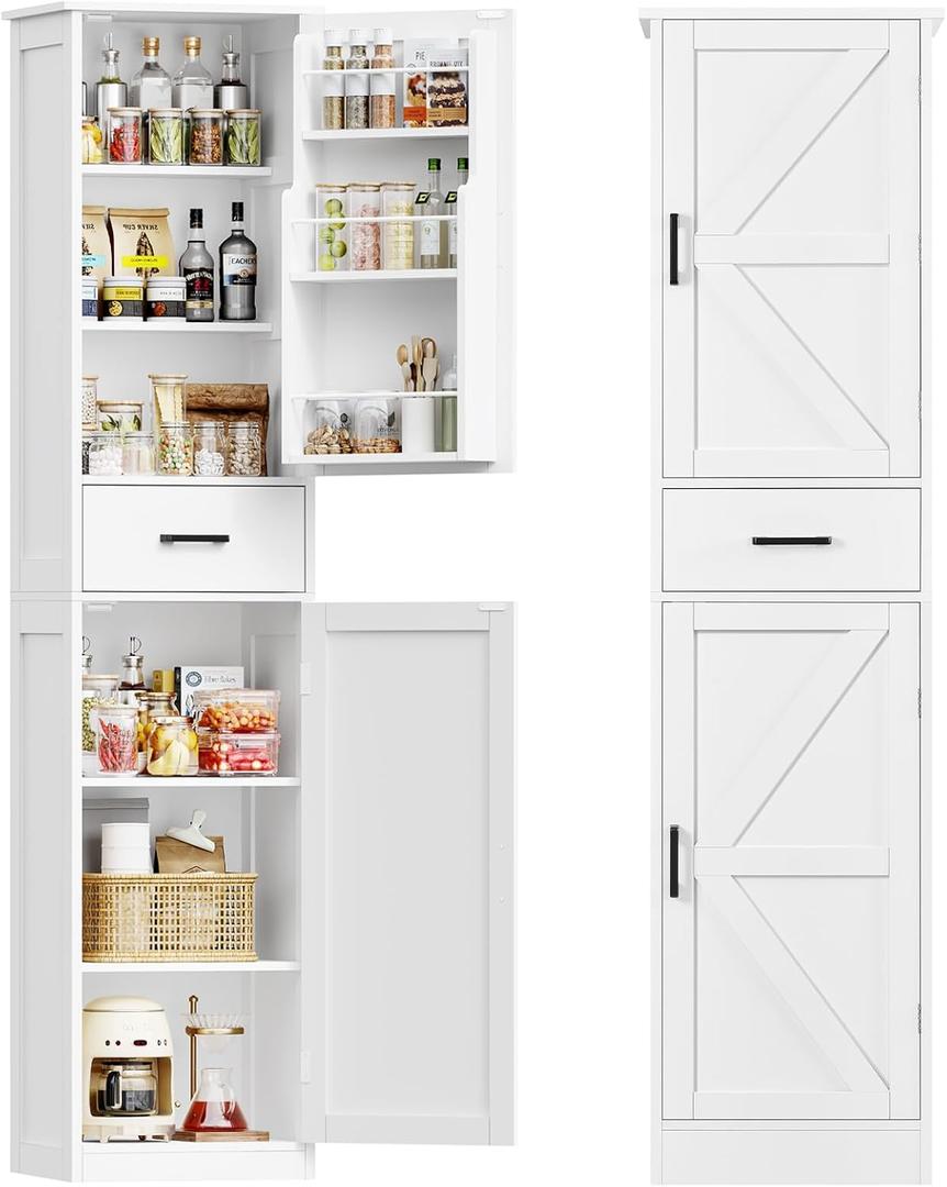 TEENFON Tall Storage Cabinet with 3 Door Shelves & 1 Drawer, Narrow Kitchen Pantry Cabinet for Living Room, Bathroom, Entryway, White, 11.8"d X 15.7"w X 67"h