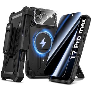 Goton 4in1 for iPhone 17 Pro Max Case with Belt Clip Holster, Privacy Tempered Glass Screen Protector & Camera Lens Protector, Compatible with MagSafe, Heavy Duty, Shockproof Phone Cover (Black)