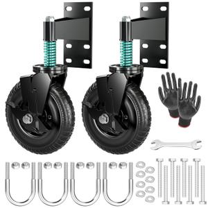 2Pcs 8 Inch Fence Gate Wheels with Brake 2 Install Heavy Duty Gate Wheels for Metal Wooden Gate Sliding Hardware 600lb Capacity 360 Rotation Spring-Loaded Farm Garden Caster Screwdriver Gloves Black