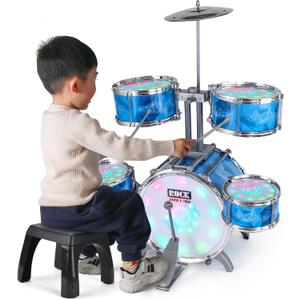 Kids Drum Set for Toddlers with 5 Jazz Drum Kit & Lights (Vibrating-Controlled) & Alloy, Musical Instruments Toys, Boys Gifts for Aged 1-3 3-5