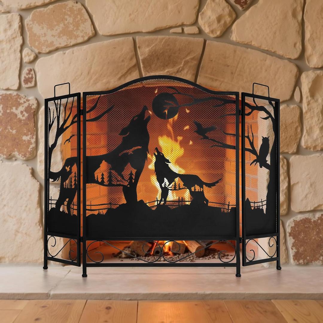 IRONWALLS 3-Panel Fireplace Screen with Wolves, 48"(L) x 32"(H) Wrought Iron Folding Fireplace Screens Decorative, Arched Fire Spark Guard Cover, Black Mesh Fire Place Gate Fence for Living Room