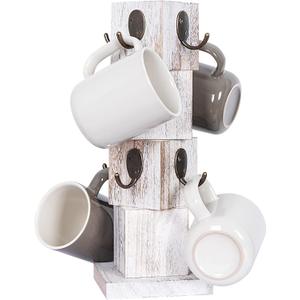 Coffee Mug Holder Tree, Rustic Solid Wood Mug Tree Stand with 8 Hooks, Farmhouse Coffee Cup Holder for Counter, Mug Hanger for Kitchen Organizer, Farmhouse White