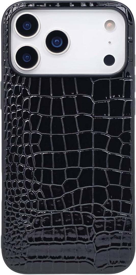 Compatible with iPhone 17 Pro Case for Women, Crocodile Synthetic Patent Leather Cover, Classic Fashion for iPhone17 Pro 2025 6.3 Inch - Black