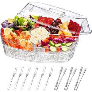 Chilled Serving Platters,Chilled Veggie Tray with Lid,Ice Serving Platters and Trays Cold Travel,Fruit Ice Serving Tray,Appetizer Fruit Snack Tray Keeps Food Cool
